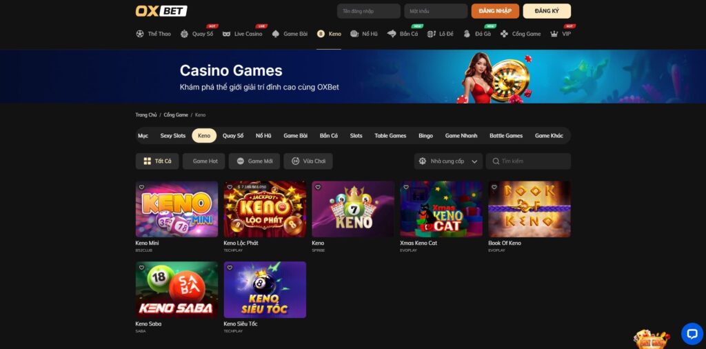 Giao diện sảnh Keno tại nhà cái Oxbet